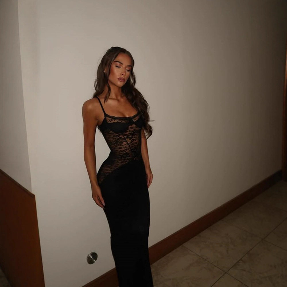Sexy Lace Trimmed Maxi Dress Spaghetti Straps Flowy Silhouette Elegant Design Perfect for Summer Events Wholesale
