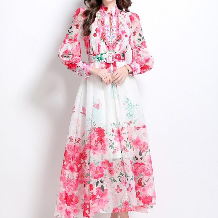 Elegant Floral Maxi Dress High Waist Lantern Sleeves Spring Collection Perfect for Formal Occasions Wholesale