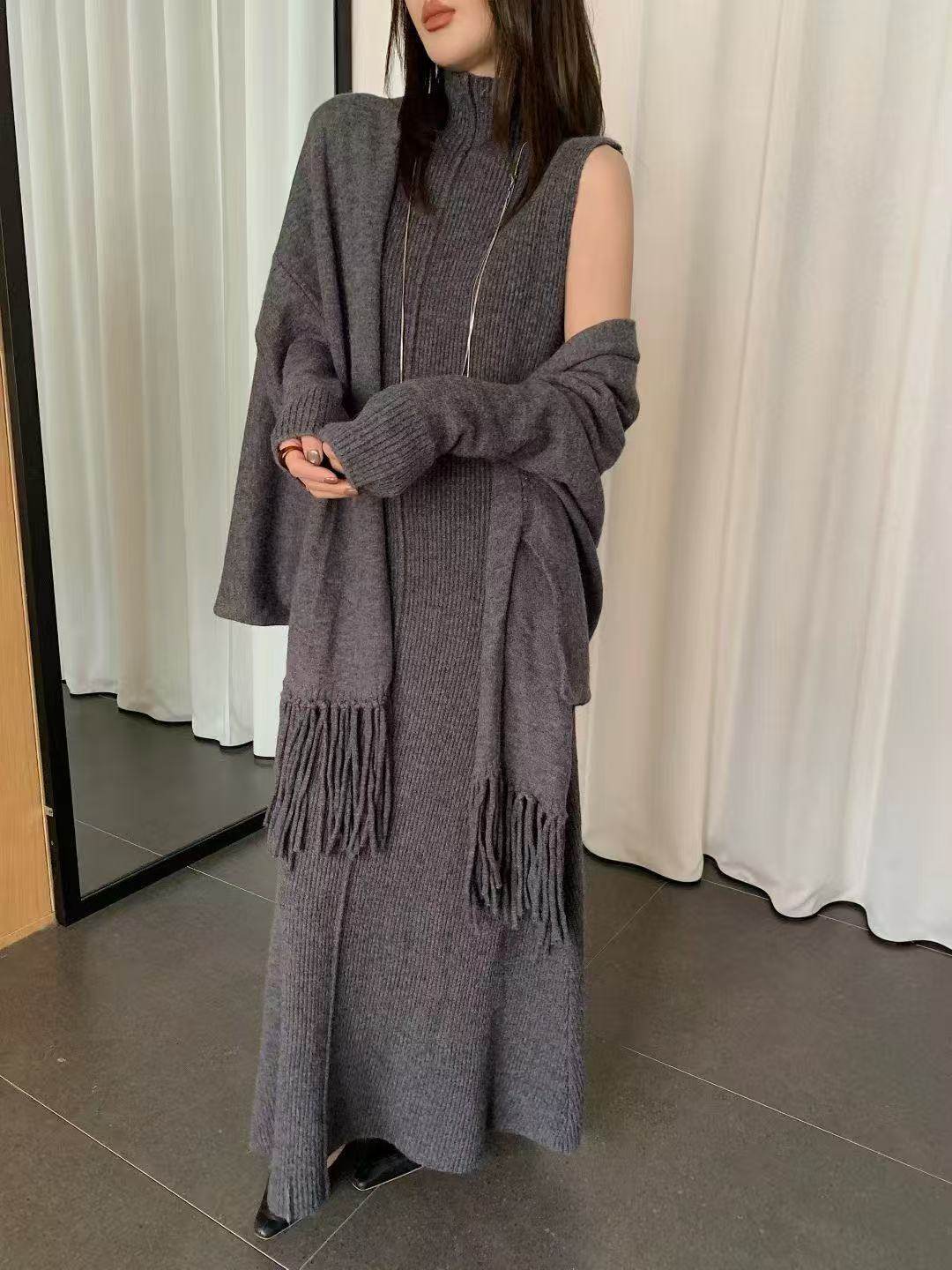 Autumn and Winter New Fashion Elegant French Classy Knitted Suit Loose Slimming Look Sweater Vest Long Skirt Two-Piece Trendy Set