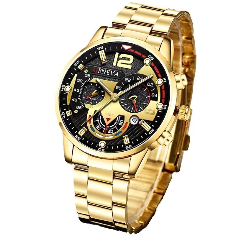 Men's 4-piece Luxury Stainless Steel Quartz Watch with Calendar Gold Cross Necklace Bracelet and Ring