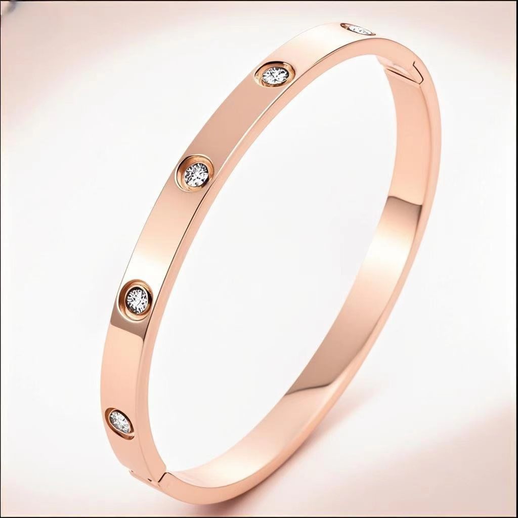 玫瑰金跨境钛钢女款手镯不锈钢轻奢高级感小众时尚锆石手环手镯