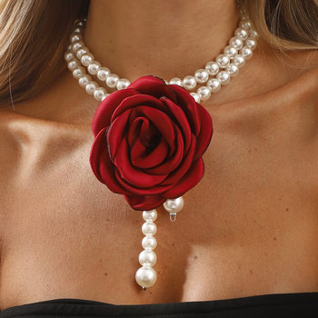 N12904 New French Retro Baroque Rose Flower Choker Clavicle Necklace Celebrity Small Fragrant Pearl Chain
