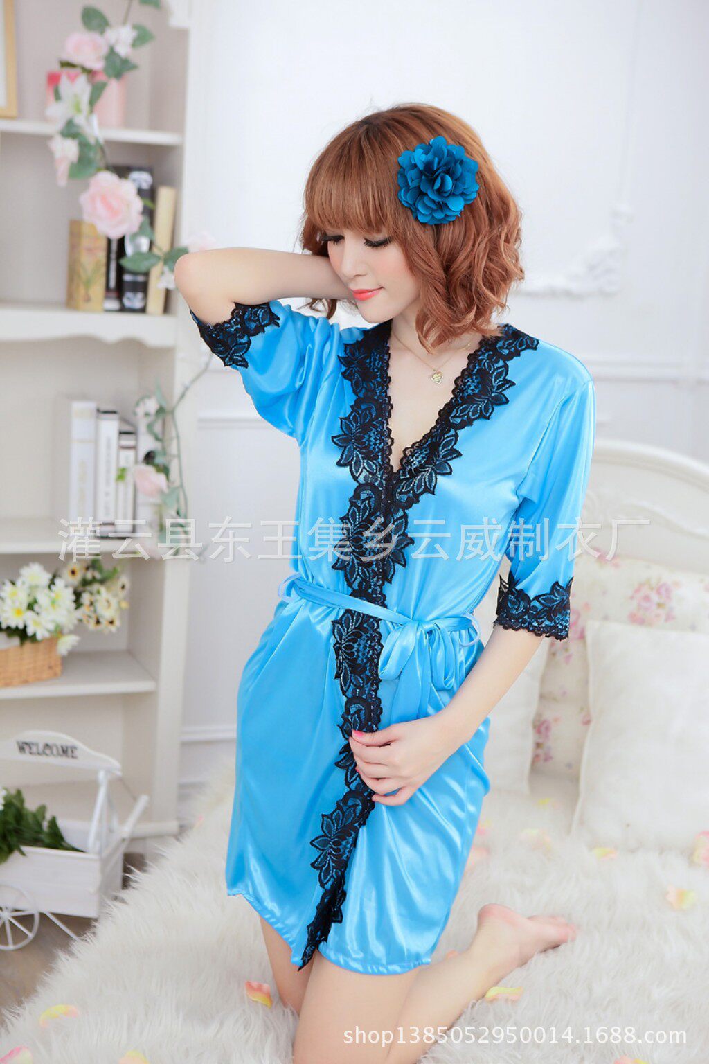 女式性感情趣诱惑浴袍蕾丝睡袍家居服套装女低胸透视情调长裙批发