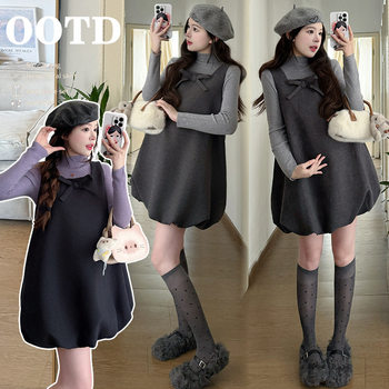 Maternity Wear 2025 New Autumn and Winter Korean Style Bow Vest Woolen Vest Dress Slimming Pregnancy Age-Reducing Outfit Trendy