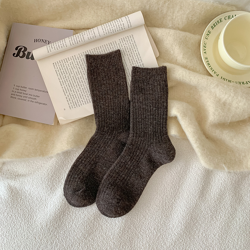羊毛袜子女秋冬月子袜加厚保暖居家地板冬天日系简约羊绒堆堆长袜