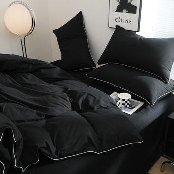 Nordic simple skin-friendly washed brushed embedded rope quilt cover solid color cool black foreign trade 3 four-piece set 1.5 m1.8 bed sheet
