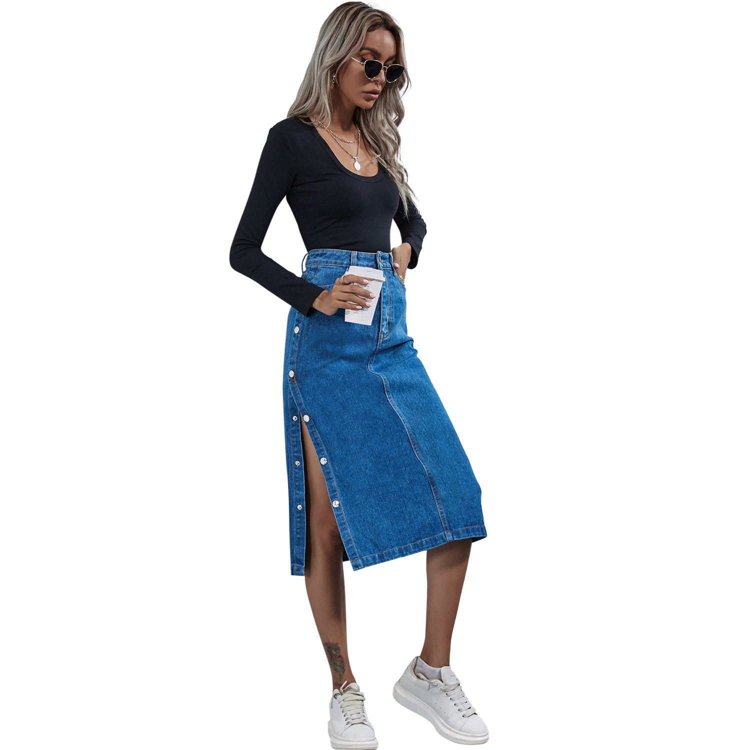 High Waisted Denim Skirt Button Detail Split Design Fashionable Style Casual Wear for Women Wholesale Available