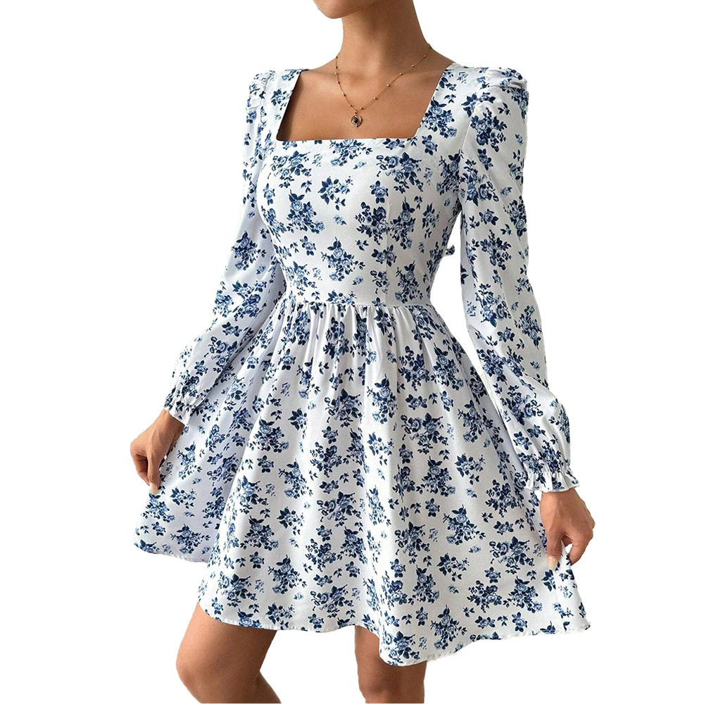 Elegant French Style Square Neck Dress High Waist Backless Floral Print Spring Summer Casual Wear Wholesale
