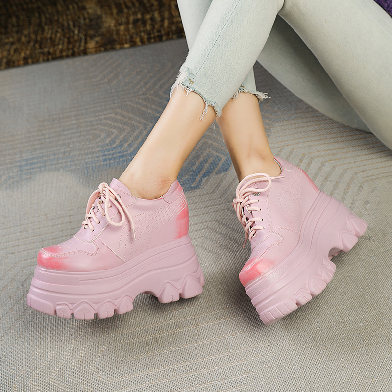 Giày Thể Thao Nữ Chất Liệu Da Bò Cao 12cm Tăng Chiều Cao Đế Cao Hàng Mùa Xuân Thu Đông