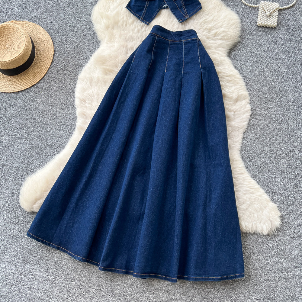 Summer Womens Denim Set Sleeveless Top High Waisted Skirt Casual Chic Style Wholesale Available