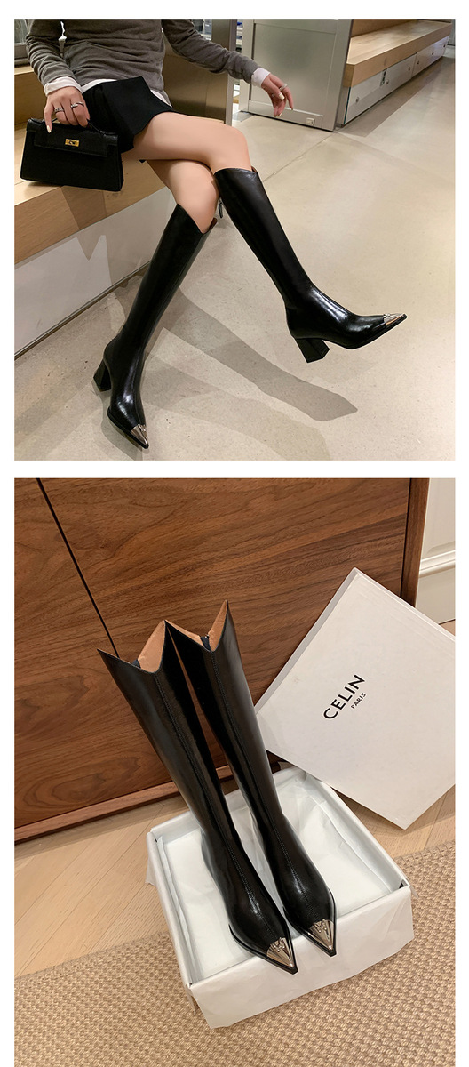 Boot nữ cổ cao mũi nhọn da bò gót thô phong cách kỵ sĩ — Màu be lót nhung bên trong, Màu be một lớp lót trong, Màu đen lót một lớp, Màu đen lót nhung
