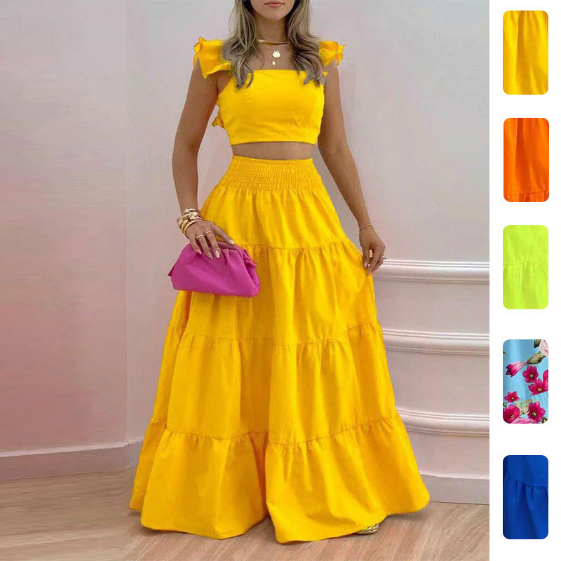 2026 Spring New European and American Cross-Border Women's Clothing Solid Color Fashion Sexy Ruffle Strap Flared Skirt Fashion Set for Women