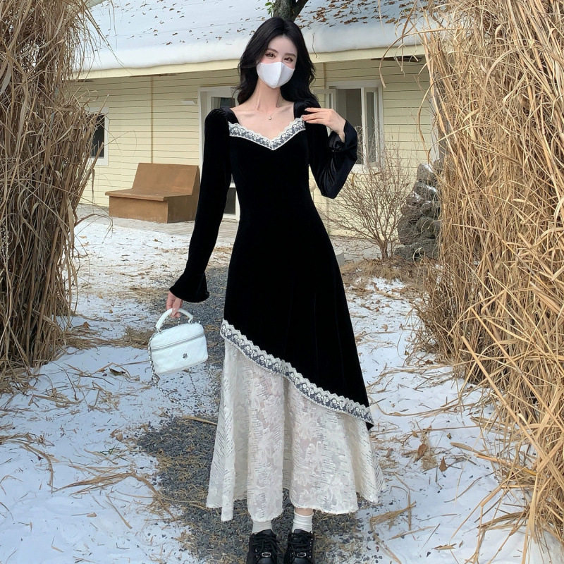 plus size Fat Hepburn Style Black Velvet dress Design Sense Lace Stitching  Gentle Style Slim Look Long Dress for Children | MoveOn | Connecting  Cross-Border Trade