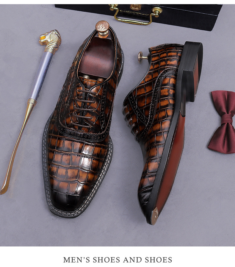 Giày Oxford nam da bò thật họa tiết kẻ sọc phong cách Anh Quốc — Xám xanh, Màu caramel