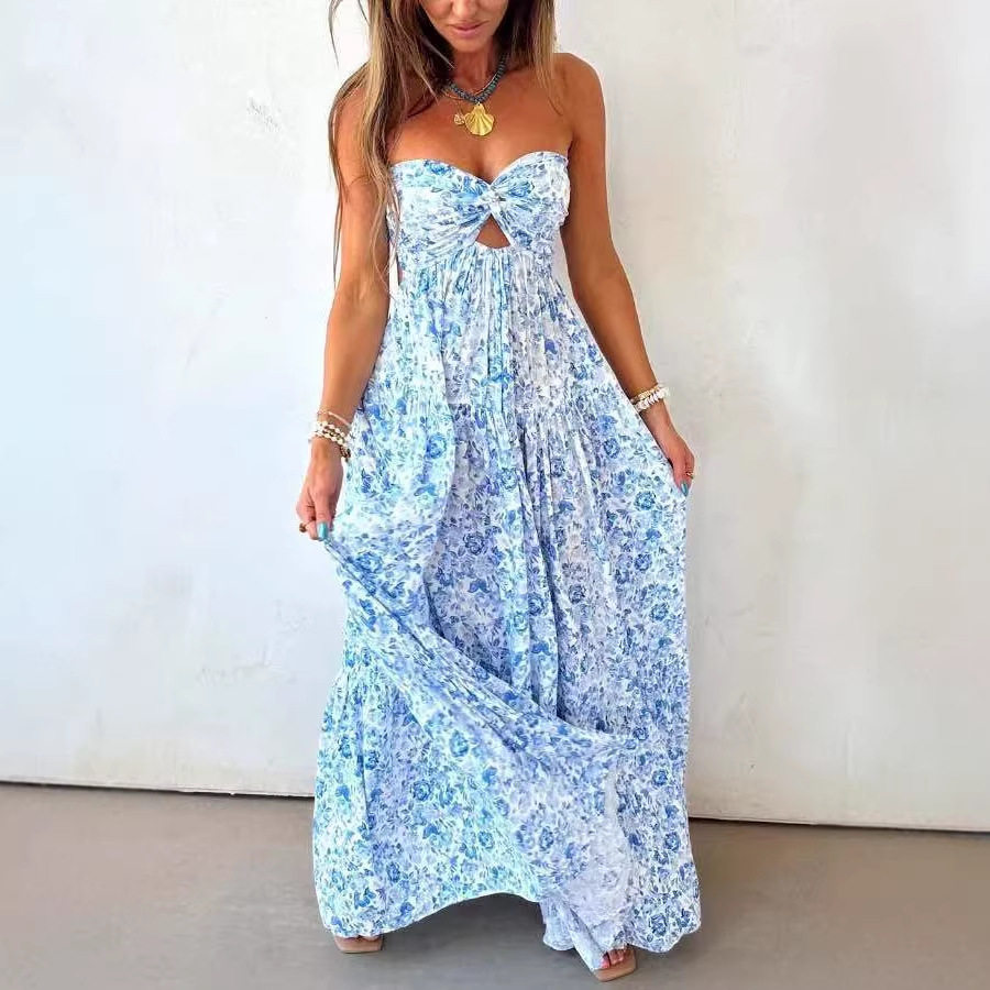Elegant Floral Print Strapless Backless Dress Spring Collection Womens Fashion Wholesale Available