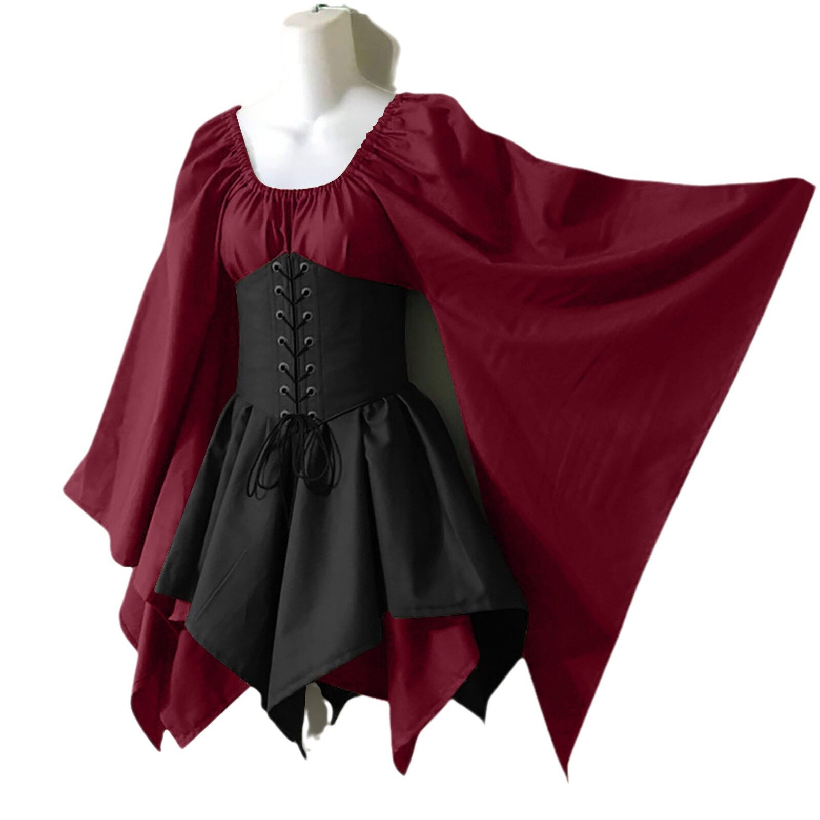 Renaissance Style Long Sleeve Dress Bell Sleeves Patchwork Design Elegant Fabric Perfect for Events and Gatherings