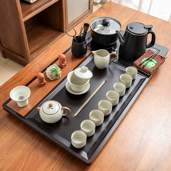 New Household Ru Kiln Kung Fu Tea Set Ceramic Complete Tea Tray Integrated Bottom Water Office Tea Making Table