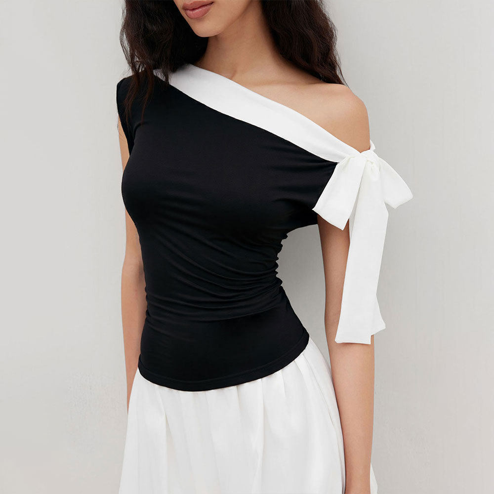 Elegant Black and White Color Block Sleeveless Top Slim Fit Off Shoulder Bow Tie Detail Perfect for Casual or Evening