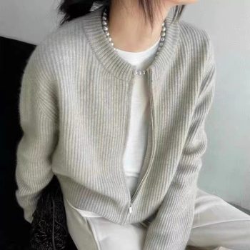 South Korea New Autumn and Winter Soft Waxy Wool Sweater Women's Round Neck Loose Lazy Slimming Zipper Cashmere Sweater Cardigan Jacket
