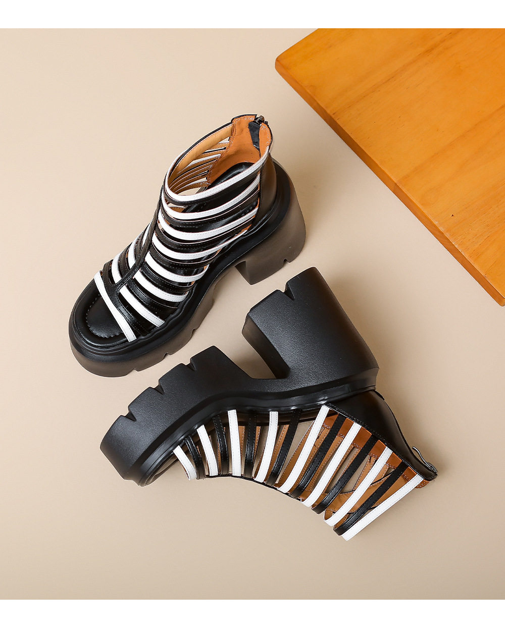 Sandal cao gót nữ mũi hở đế dày 12 cm phong cách La Mã khóa kéo sau — [Đen], [Vàng] chi tiết 14