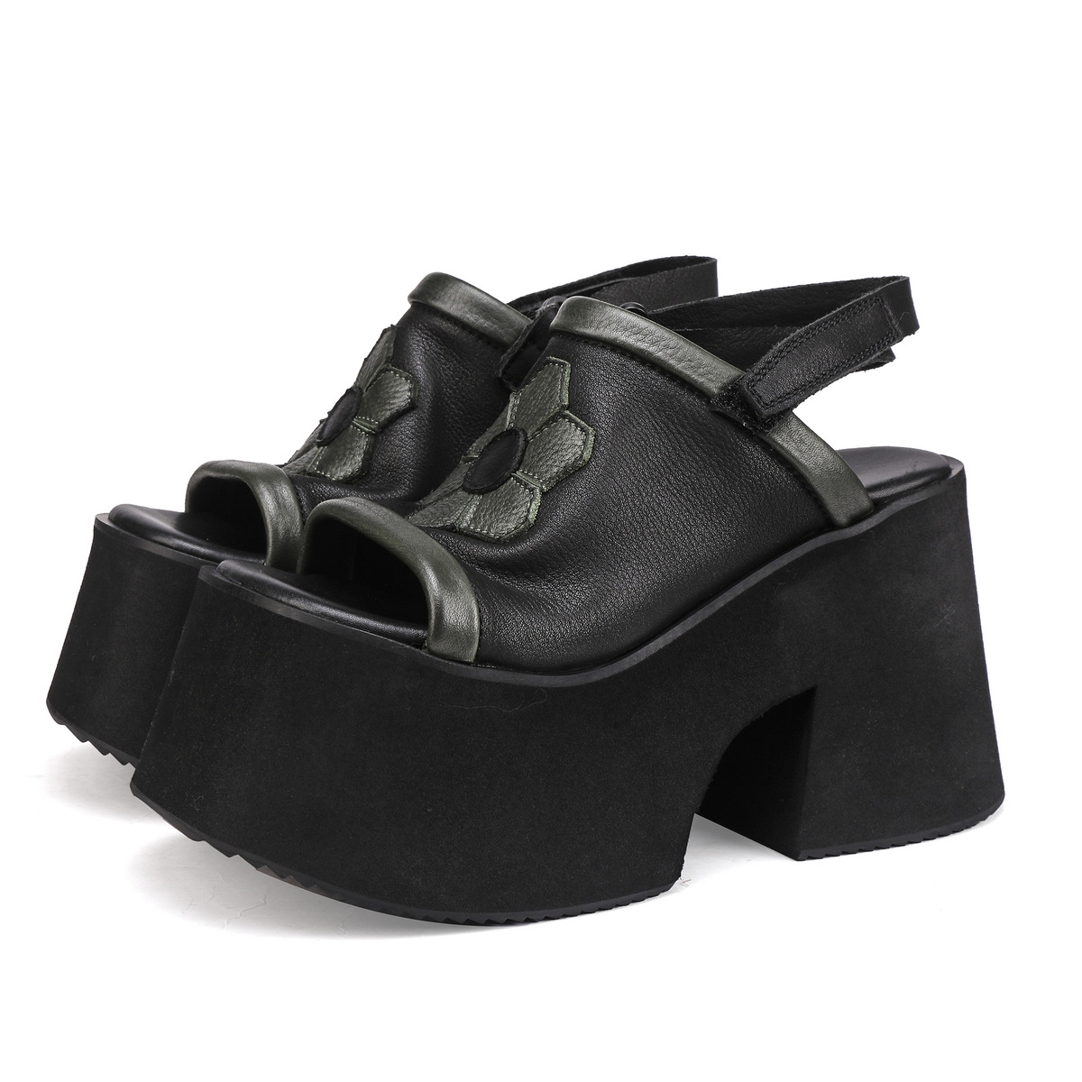 Sandal nữ da bò thật gót xuồng siêu cao trang trí hoa, quai dán tiện lợi — màu đen, Màu nâu