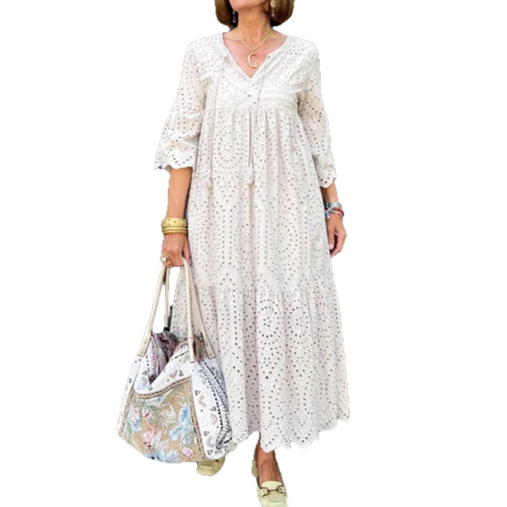 Summer Hollow Out V Neck Casual Dress for Women Solid Color Lightweight Fabric Comfortable Fit Perfect for Beach or