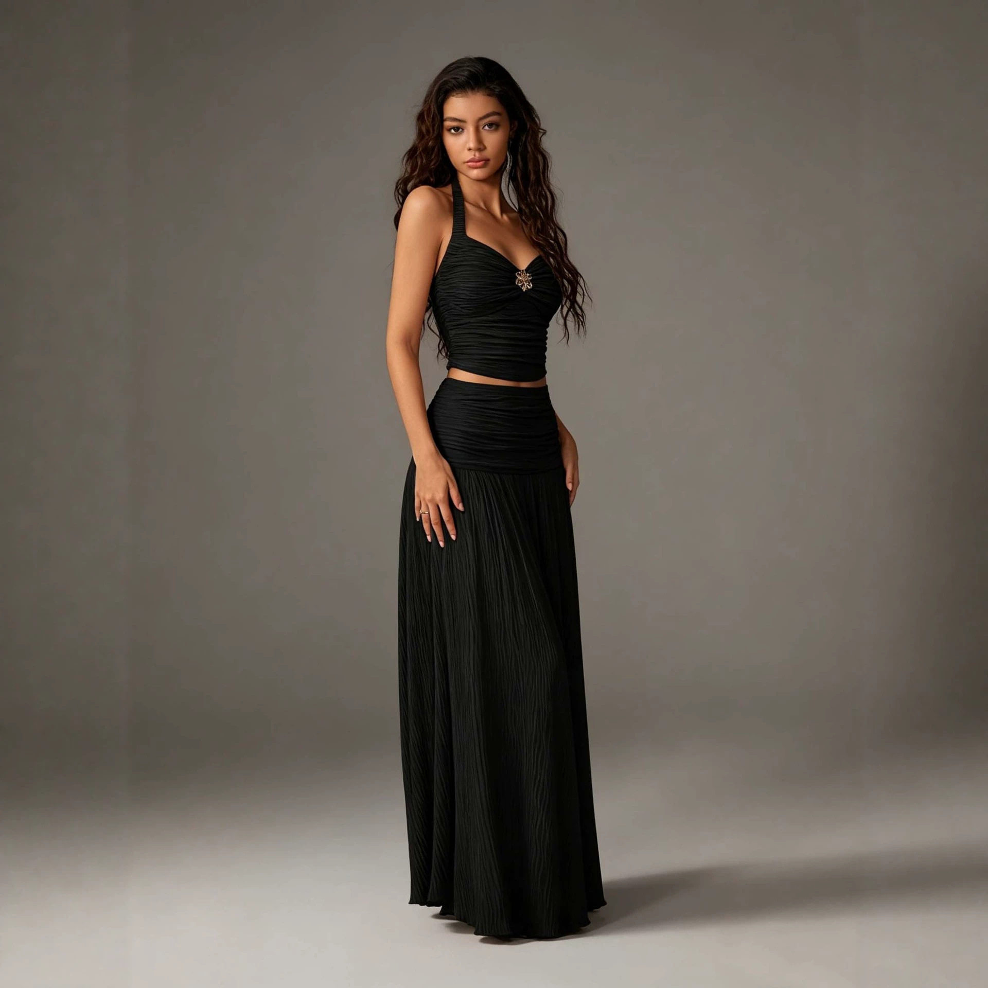 French Style Halter Neck Backless Two Piece Set Ruffled Waist Top A Line Skirt Elegant Dress for Special Occasions