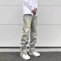 Yellow mud dyed jeans men vibe European and American style straight zipper design high street American retro distressed ins fashion pants