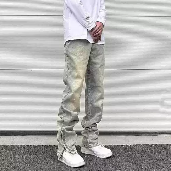 Yellow mud dyed jeans men vibe European and American style straight zipper design high street American retro distressed ins fashion pants