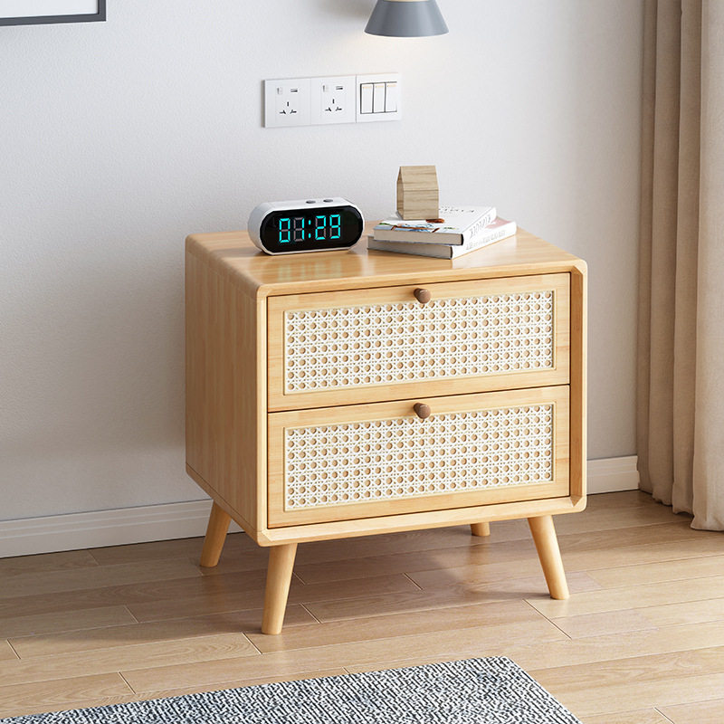 Rattan Bedside Table Solid Wood Cherry Walnut Color Solid Wood Color Nordic Simple Style Mini Wooden Storage Cabinet