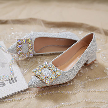 French Wedding Shoes Crystal Bridal Shoes Wedding Xiuhe Two-way High Heels Not Tired Feet plus size Women's Shoes 3cm Low Heel Trendy