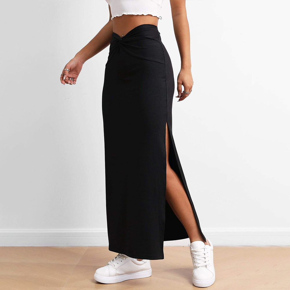 High Waisted Pleated Maxi Skirt Elegant Design Lightweight Fabric Side Slit Spring Summer Fashion Wholesale