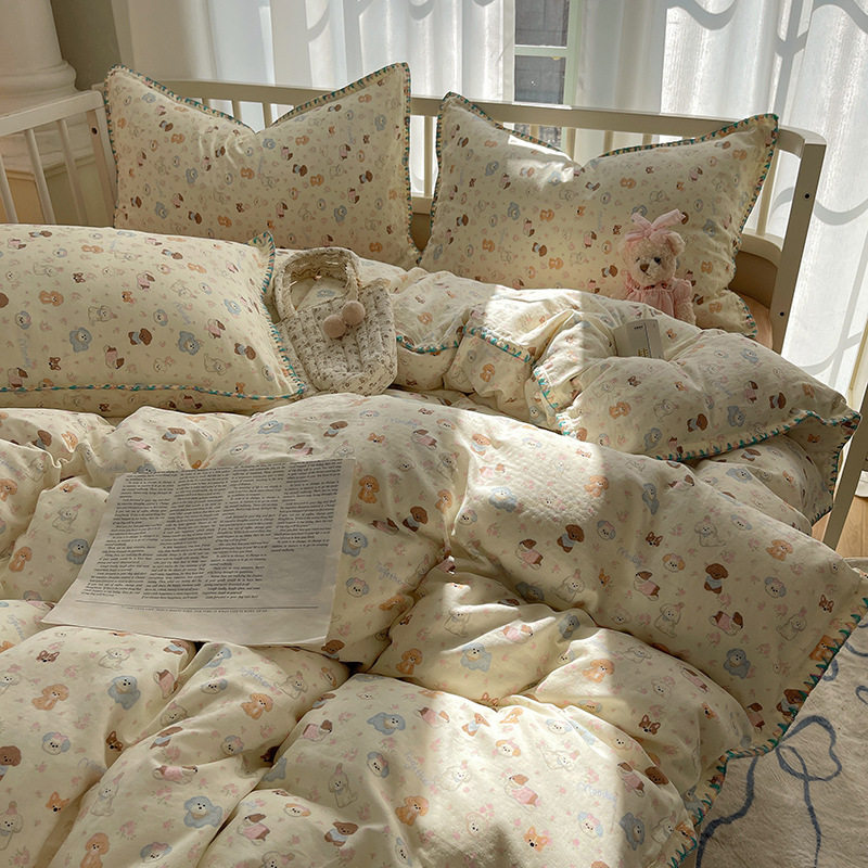 Cross-border Class A Mother and Child Shell Edge Cotton Aerobic Double-layer Yarn Four-piece Set Children's Cartoon Skin-friendly Pure Cotton Three-piece Set