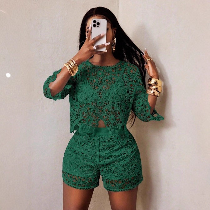 Womens Two Piece Set Solid Color Hollow Lace Slim Fit Elegant Design Perfect for Fall Occasions Wholesale