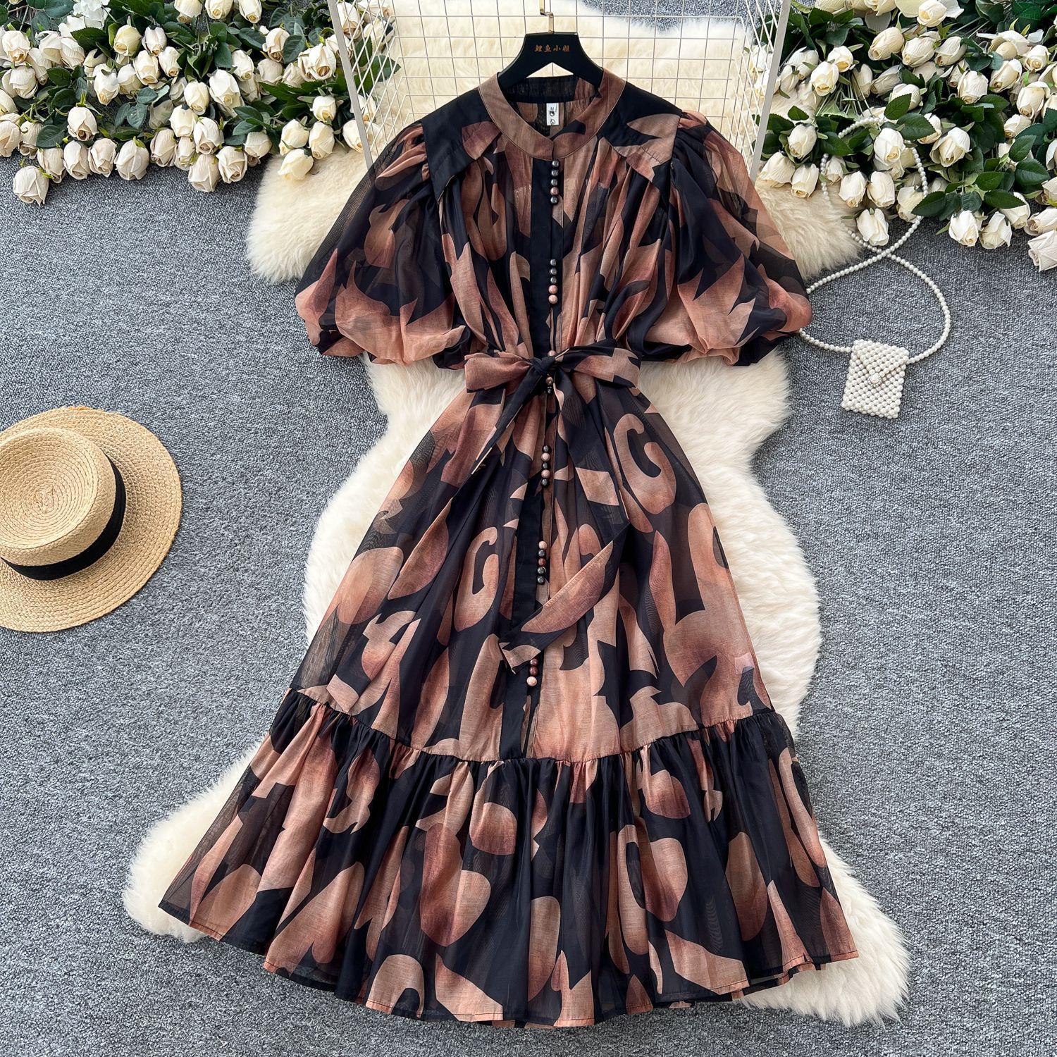 Luxury European Style Printed Puff Sleeve Dress for Women Summer Waist Tie A Line Elegant High Quality Fabric