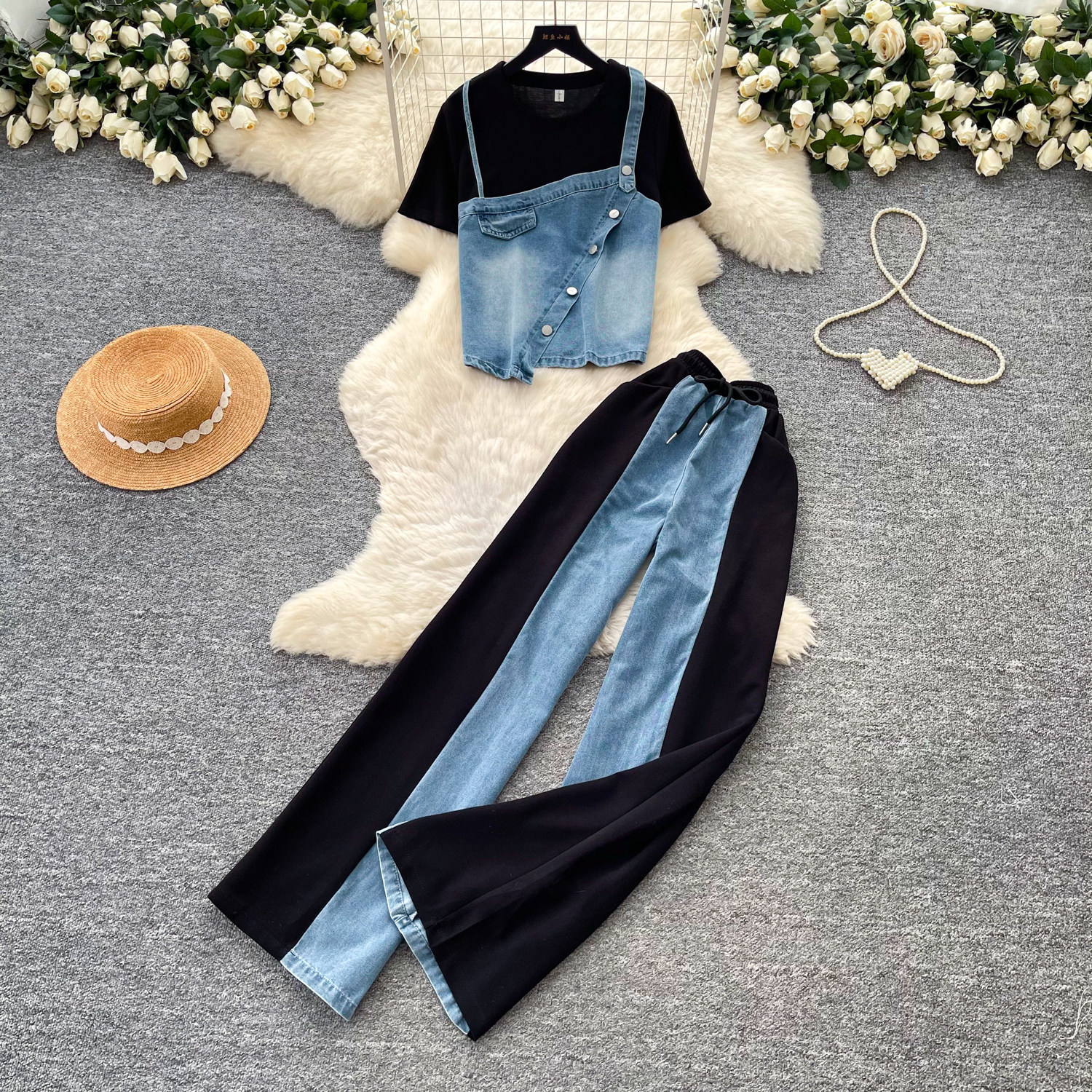 Retro Patchwork Denim Two Piece Set for Women Slim Fit High Waist Casual Style Summer Collection Ready to Ship