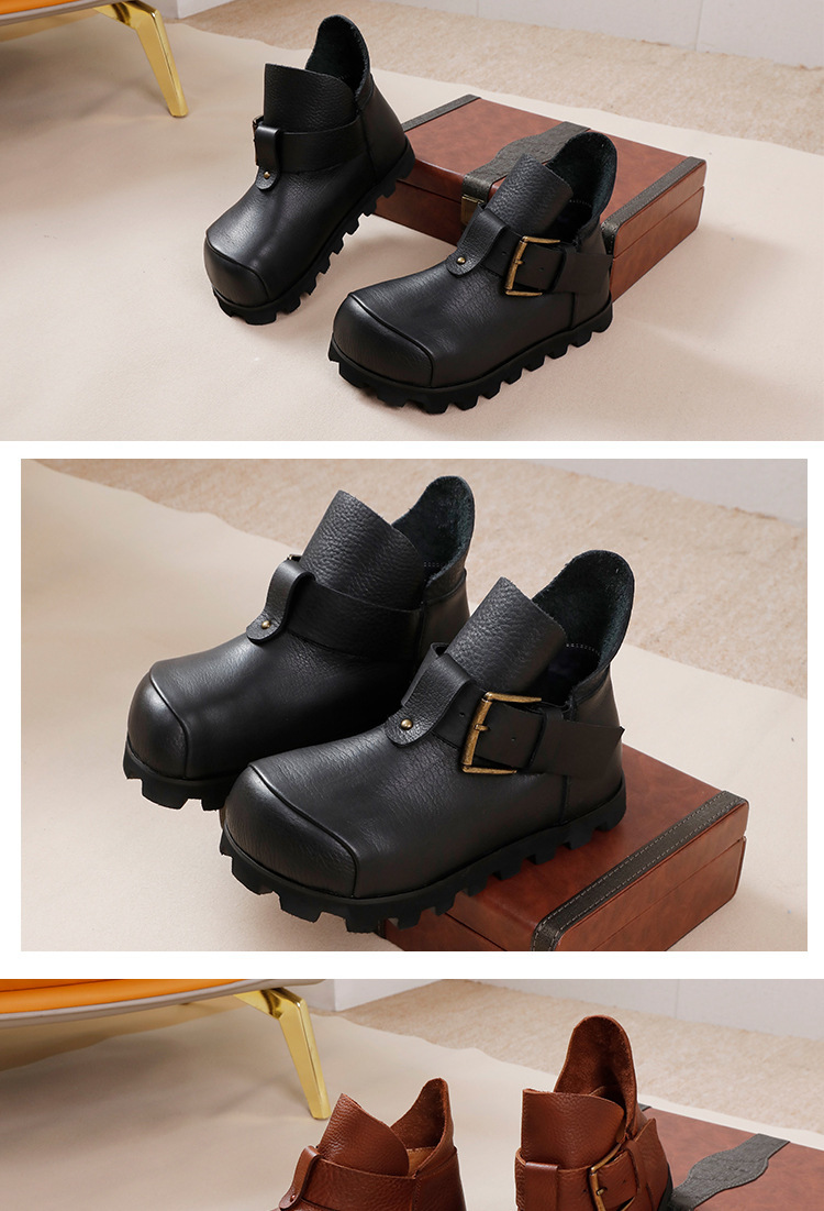 Boot nữ cổ thấp da bò thật đế bằng phong cách cổ điển — Màu đen, Màu nâu đậm