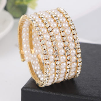 Korean Style New Arrival Multi-Layer Pearl Rhinestone Bracelet Women's Elegant Flash Diamond Stretch Bracelet Exaggerated Jewelry All-Match Accessories