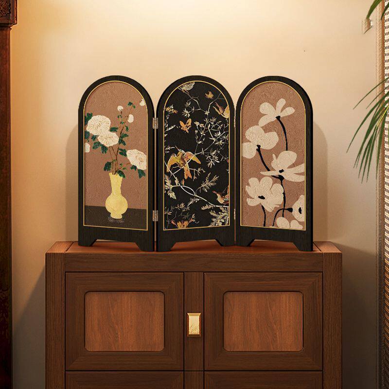 新中式中古风飞鸟屏风桌面摆件茶桌家居装饰品复古艺术客厅摆画