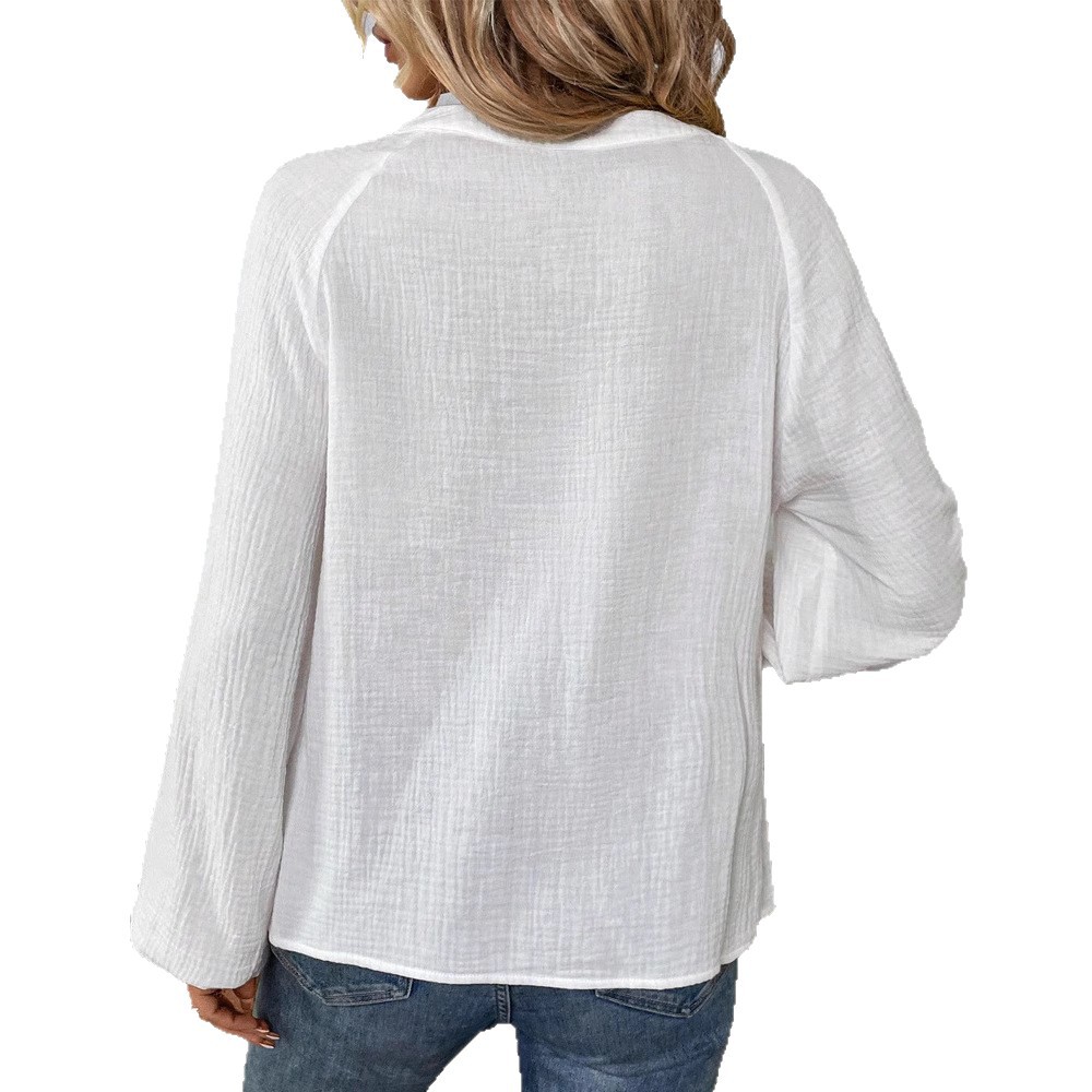 Loose Fit Womens Embroidered V Neck Long Sleeve Shirt in White for Summer Casual Wear in Multiple Sizes