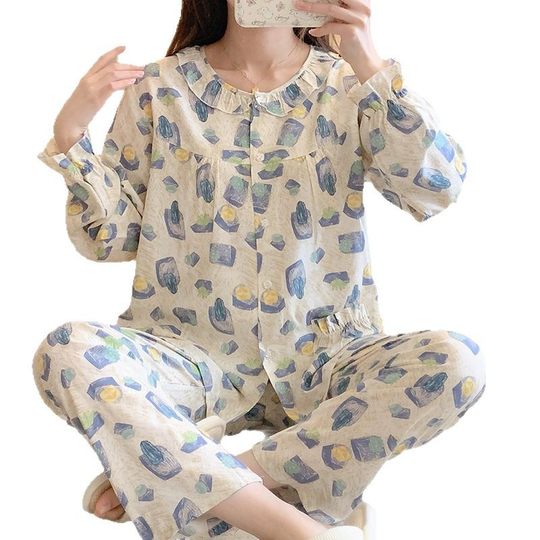 Spring and Autumn Cotton Silk Pajamas Women's Summer Thin Cotton Silk Long-sleeved Artificial Cotton Cardigan Small Home Clothes Air-conditioning Clothes