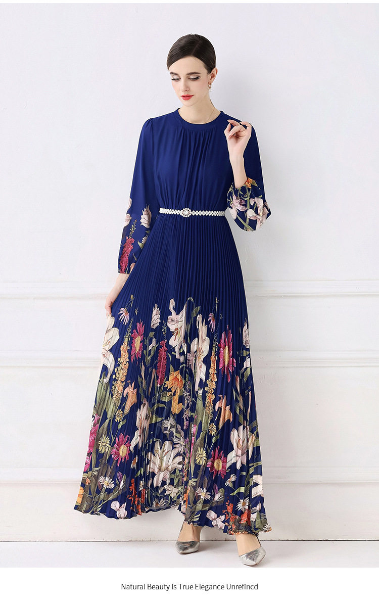 Elegant French Style Womens Dress High End Aesthetic Waist Tie Design Fashionable Floral Print Pleated Long Skirt