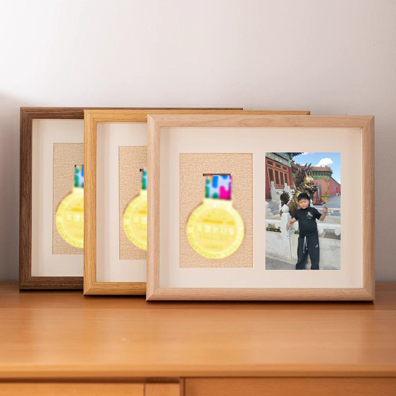 Qianhong Solid Wood Hollow Three-Dimensional Medal Photo Frame Storage Box Marathon Decoration Picture Frame keep Medal of Honor Set Table