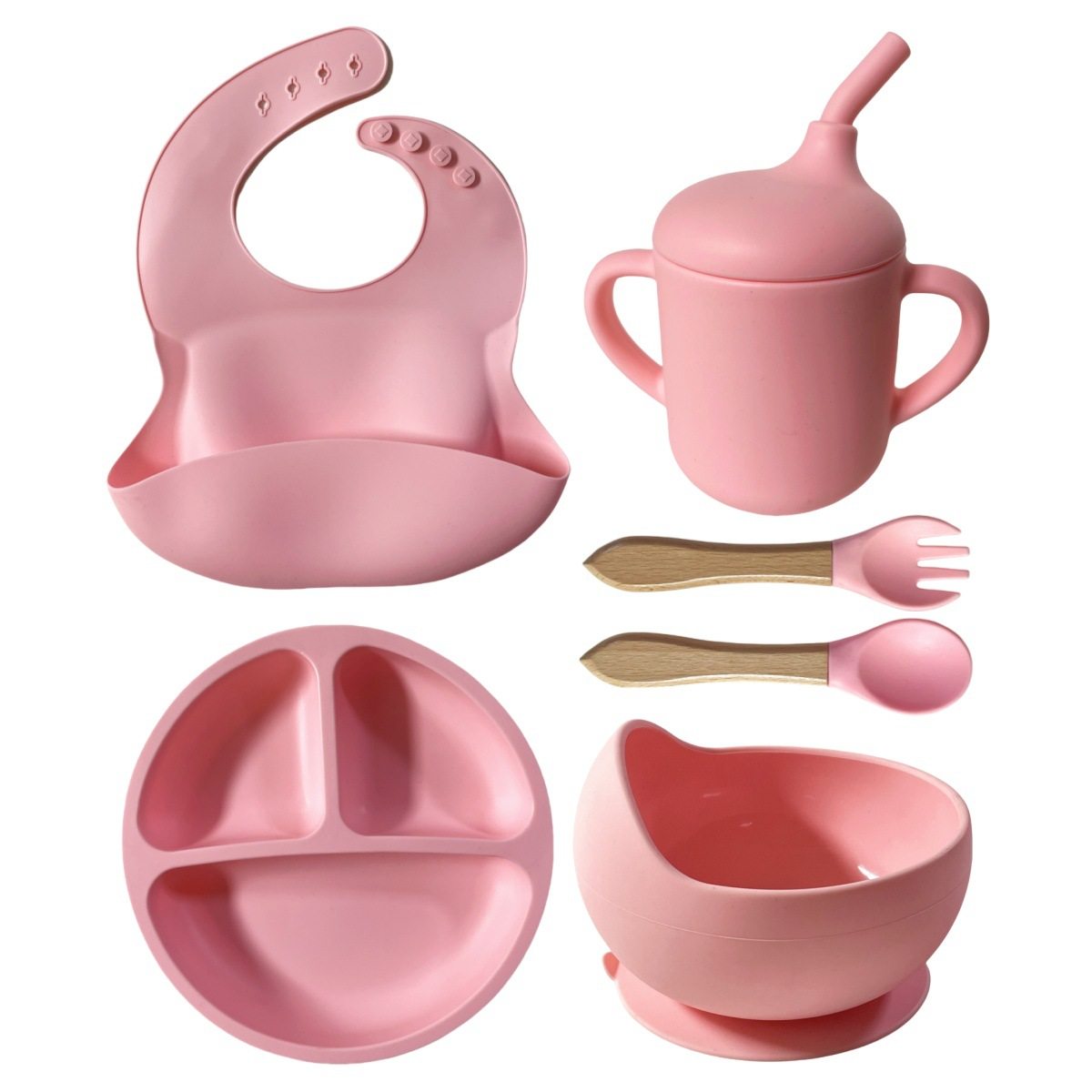 Bib Silicone Dinner Plate Bowl Drinking Cup Fork Spoon Silicone Tableware Six-piece Baby Feeding Tableware BPA Free