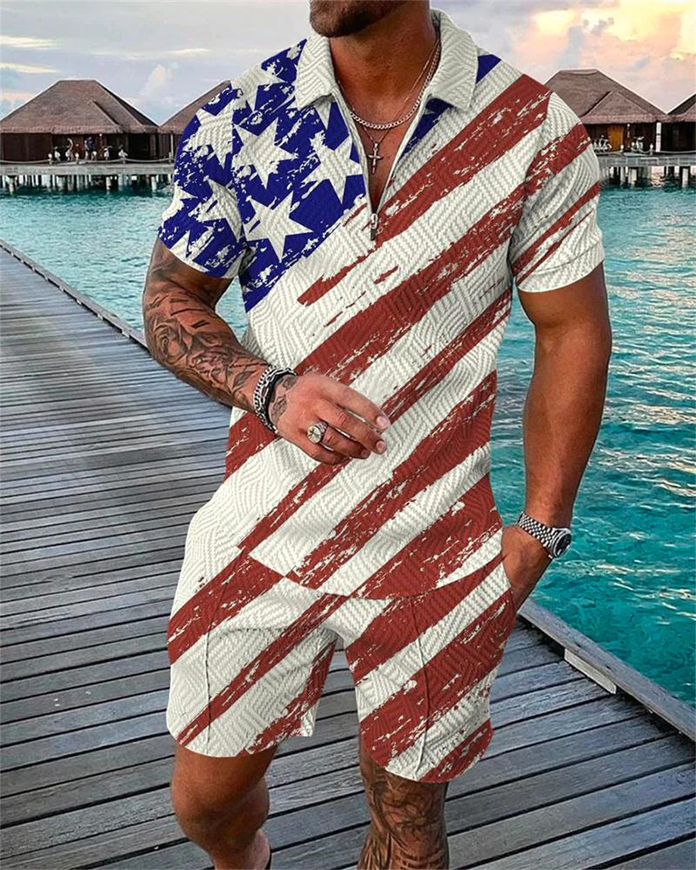 2022跨境欧美男装新款独立站货源休闲撞色POLO拉链翻领衫短袖套装