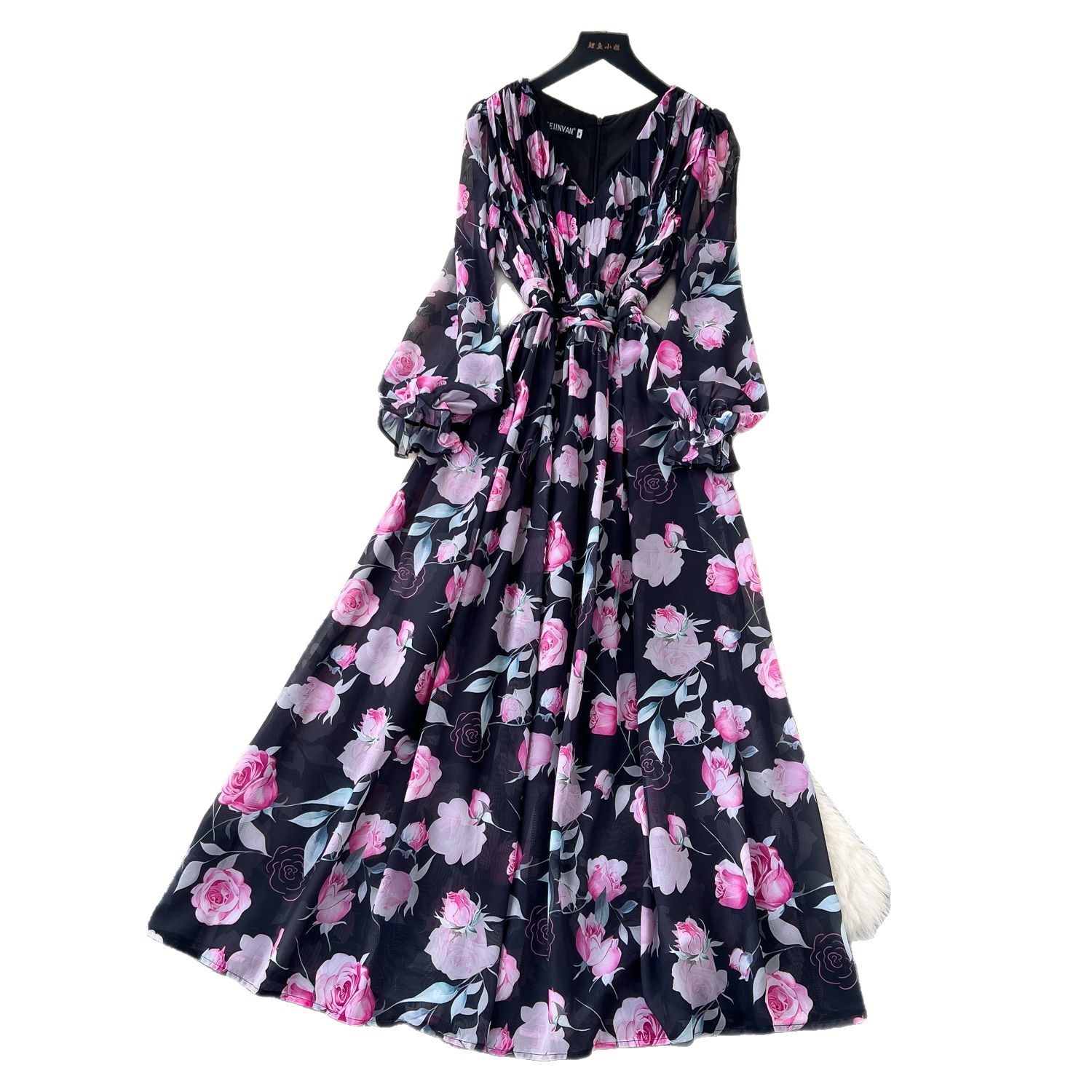 Elegant French Style Maxi Dress for Women High End Waist Defining Floral Print Lightweight Chiffon Perfect for
