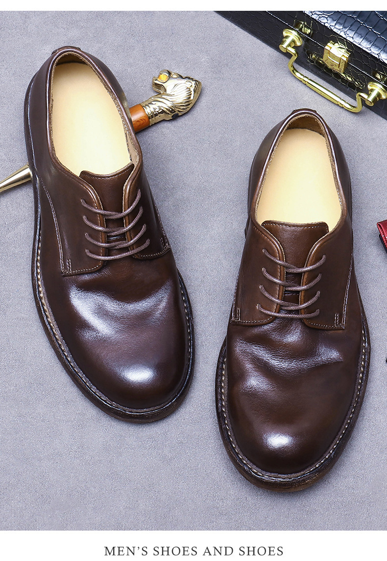 Giày Derby nam da bò thật đế da khâu Goodyear mũi tròn — Màu nâu