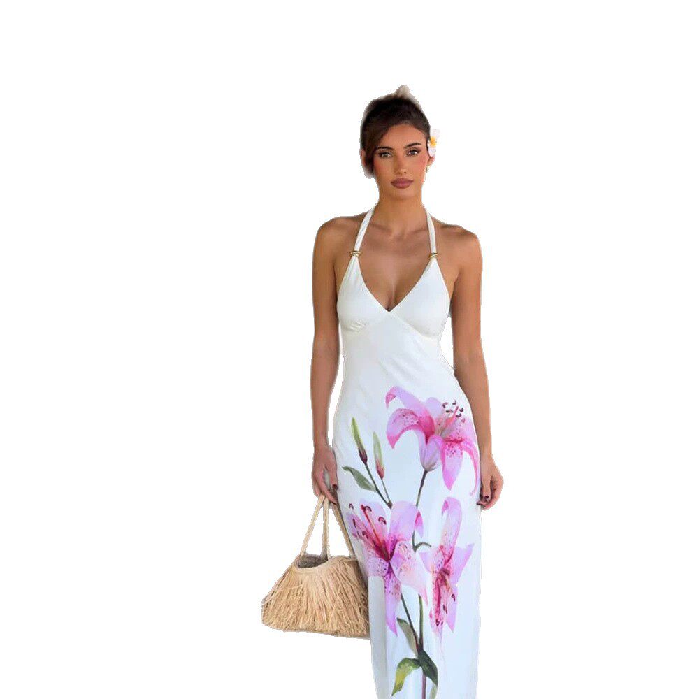 Elegant V Neck Backless Floral Maxi Dress Summer Beach Vacation Style Slim Fit Lightweight Fabric Perfect for Resort