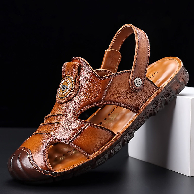 Dép Sandal Nam Da Thật Quai Hậu Chiều Cao Đế Khoảng 2cm Màu Nâu, Đen