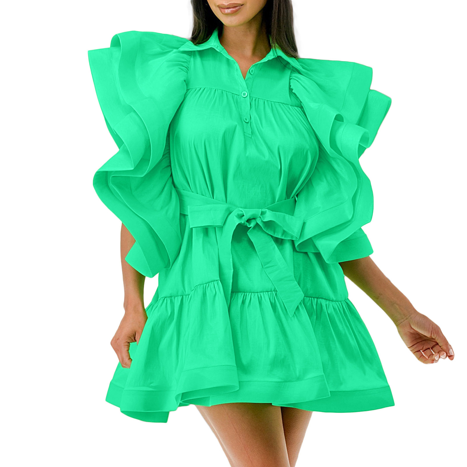 Plus Size Womens A Line Dress Fashion Lapel Collar Flutter Sleeves Comfortable Fabric Casual or Party Wear